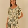 vestido curto estampado aquarela tropical